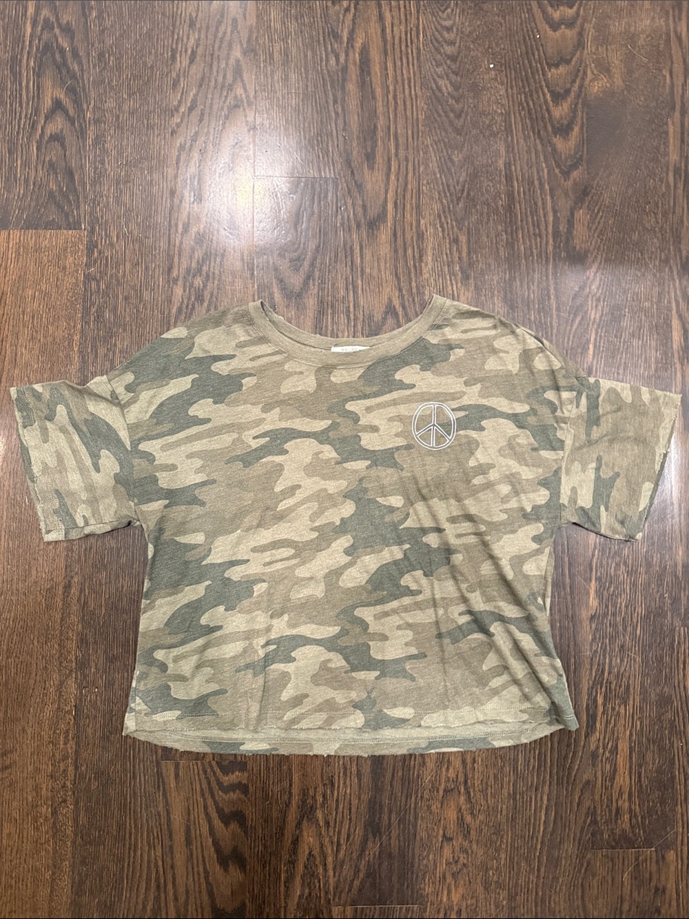 Z Supply Olive/Tan Camo Short Sleeve Top with Peace sign